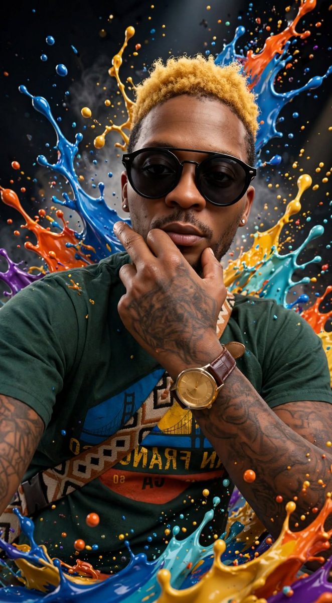 Paint-splash artwork portrait of Dolla Tha God